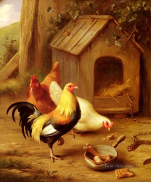  Edgar Peintre - Poulets Nourrissant la ferme animaux Edgar Hunt